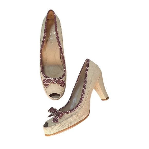 AEROSOLES Benefit RattanWoven Peeptoe Tan Brown Polka Dot Bow Size 10 Medium - Picture 3 of 12